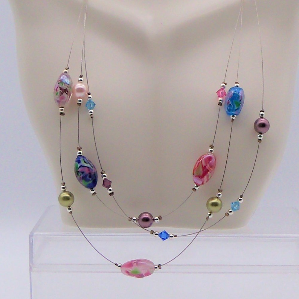 Red Pink Blue Sterling Silver Choker and Bracelet